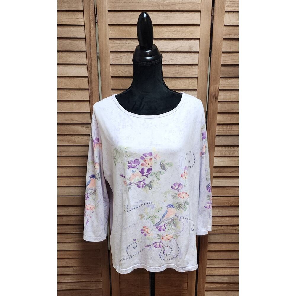 Collections Etc. Vintage Floral & Birds Sparkle 3/4 Sleeve Purple Size XL Top